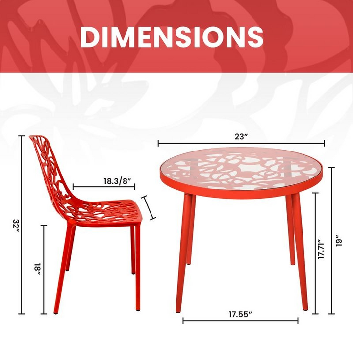 Red chair and table set with dimensions labeled on a white background.