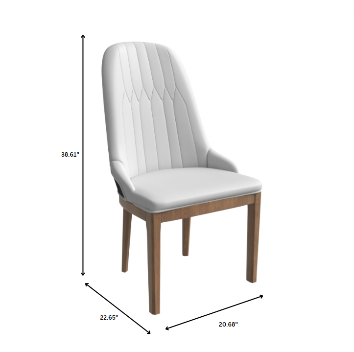 White upholstered chair with wooden legs and dimensions displayed on a white background.