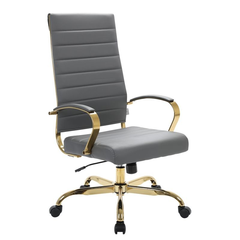 LeisureMod Benmar High-Back Leather Office Chair with Gold Frame Grey