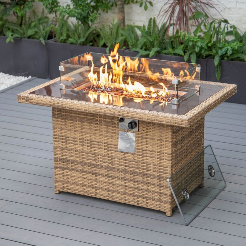 LeisureMod Mace Wicker Patio Modern Propane Fire Pit Table Light Brown Lit Fire.