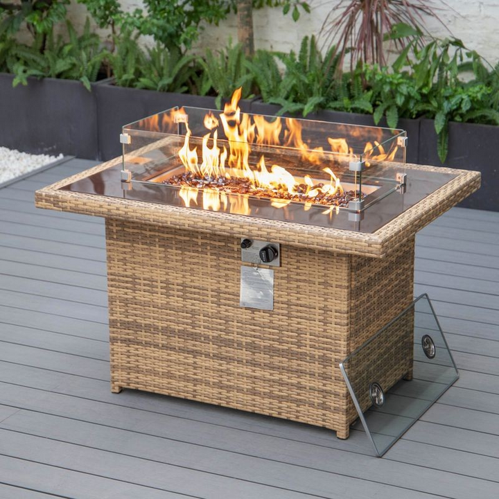 LeisureMod Mace Wicker Patio Modern Propane Fire Pit Table Light Brown Lit Fire.