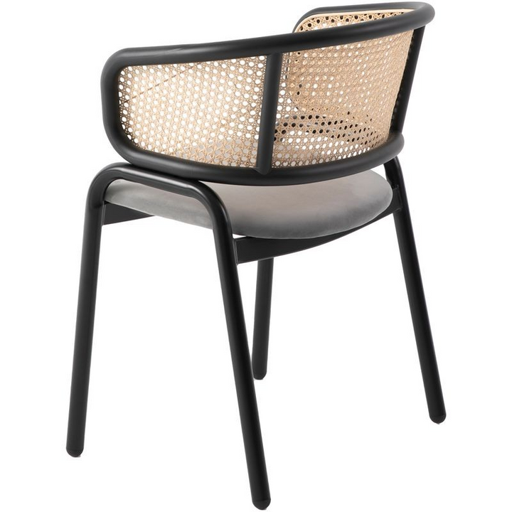 Leisuremod Ervilla Modern Dining Chair with Stainless Steel Legs Velvet Seat and Wicker Back Grey Angle Photo.