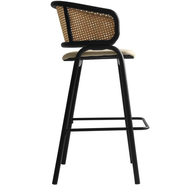 LeisureMod Ervilla Wicker Bar Stool with Fabric Seat and Black Steel Frame in Beige Leather Side View.