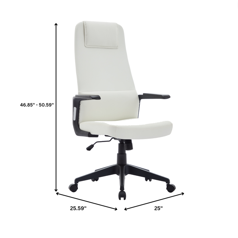 White office chair with dimensions indicated on a white background.