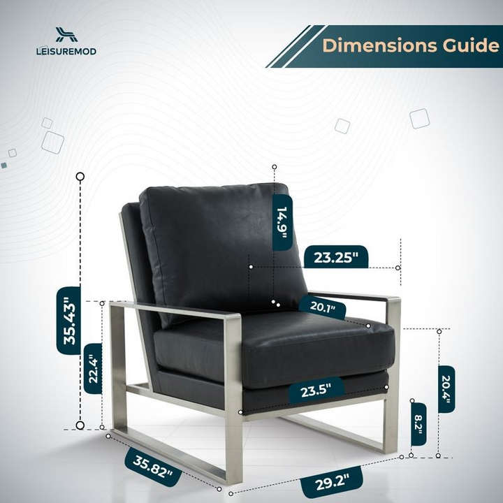 LeisureMod Jefferson Leather Modern Design Accent Armchair with Elegant Silver Frame Black Dimensions.