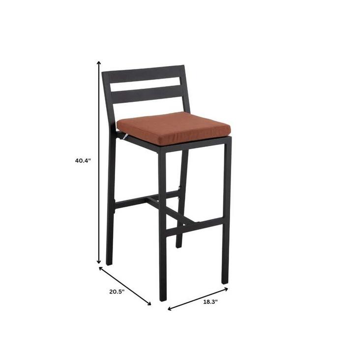LeisureMod Chelsea Collection Modern Aluminum Outdoor Bar Chair in black with Orange Cushions Dimensions.