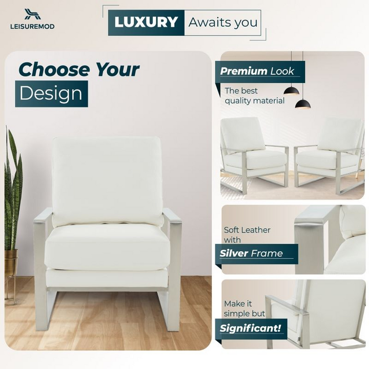 LeisureMod Jefferson Faux Leather Modern Design Accent Armchair with Elegant Silver Frame White Designs.