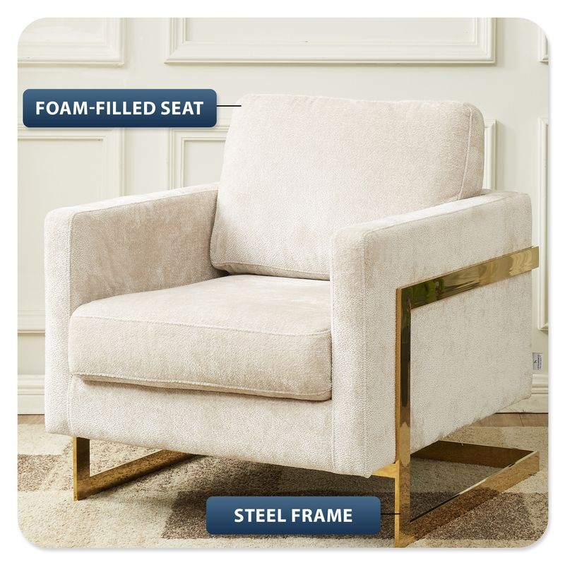 LeisureMod Lincoln Boucle Fabric Accent Armchair with Gold Stainless Steel Frame and Removable Back Cushion in Grey Photo