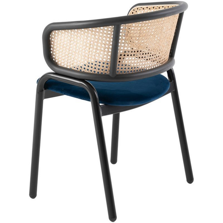 Leisuremod Ervilla Modern Dining Chair with Stainless Steel Legs Velvet Seat and Wicker Back Navy Blue Back Photo.
