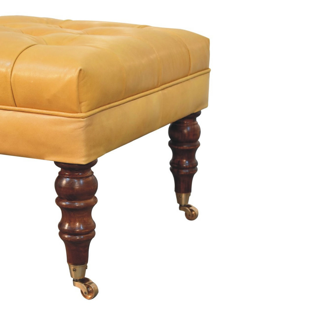 Honey Caramel Buffalo Ash Black Leather Ottoman with Castor Legs, Legs View