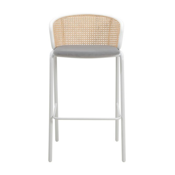 LeisureMod Ervilla Mid-Century Modern Wicker Bar Stool with Fabric Seat and White Powder Coated Steel Frame for Kitchen and Dining Room in Grey Front View.