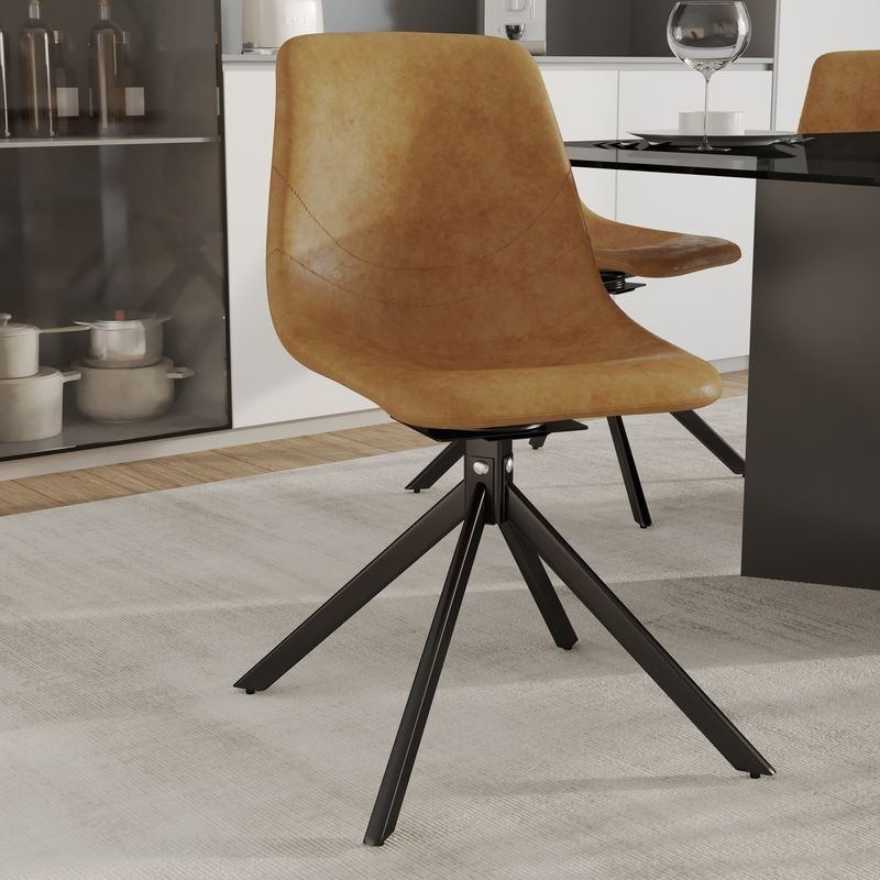 LeisureMod Markley Modern Leather Swivel Dining Chair With Metal Legs in Brown with Background.