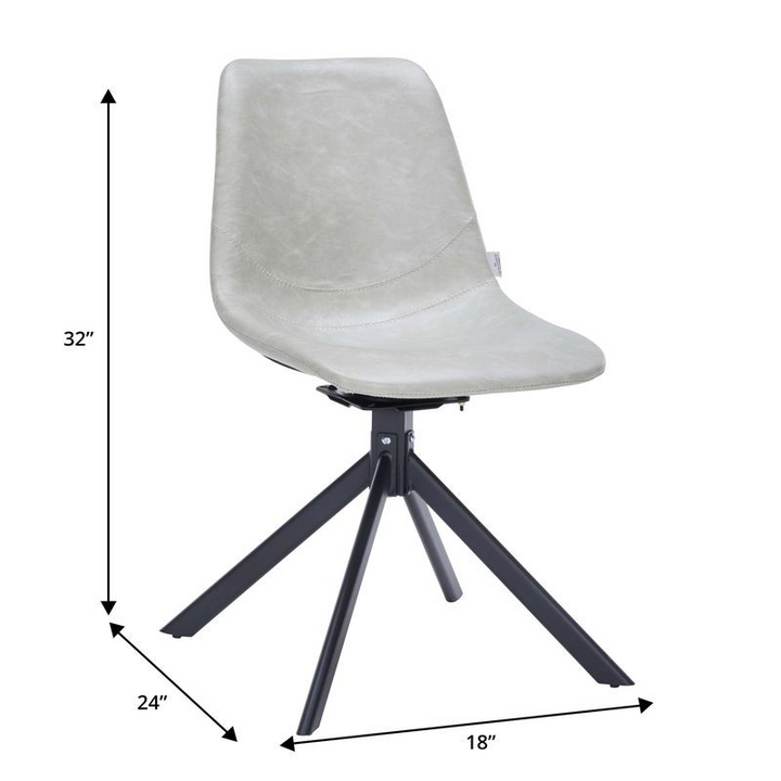 Gray chair with black metal base and dimensions labeled on a white background.