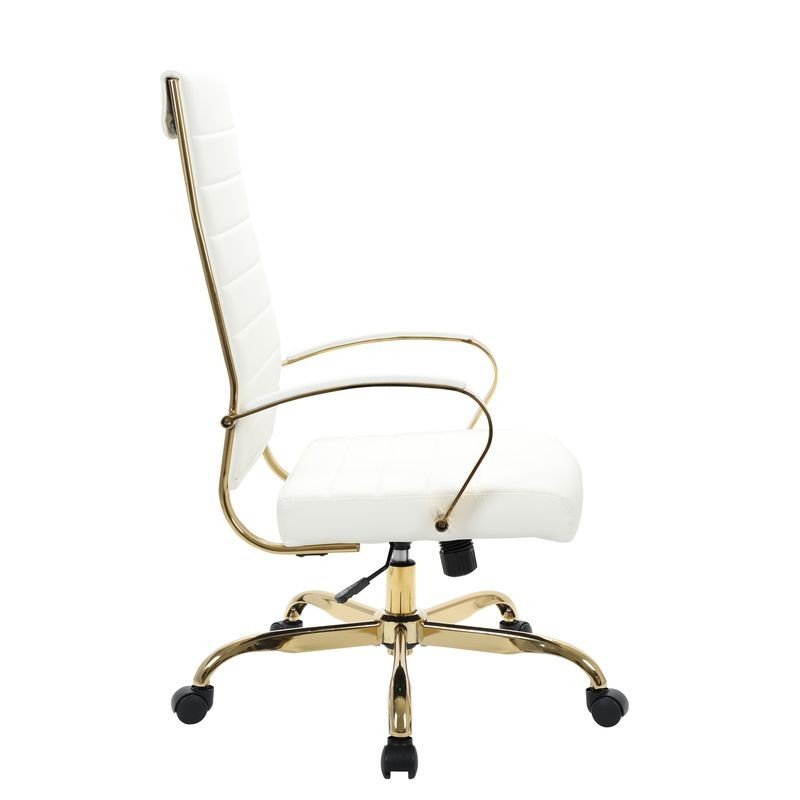 LeisureMod Benmar High-Back Leather Office Chair with Gold Frame White Side View.