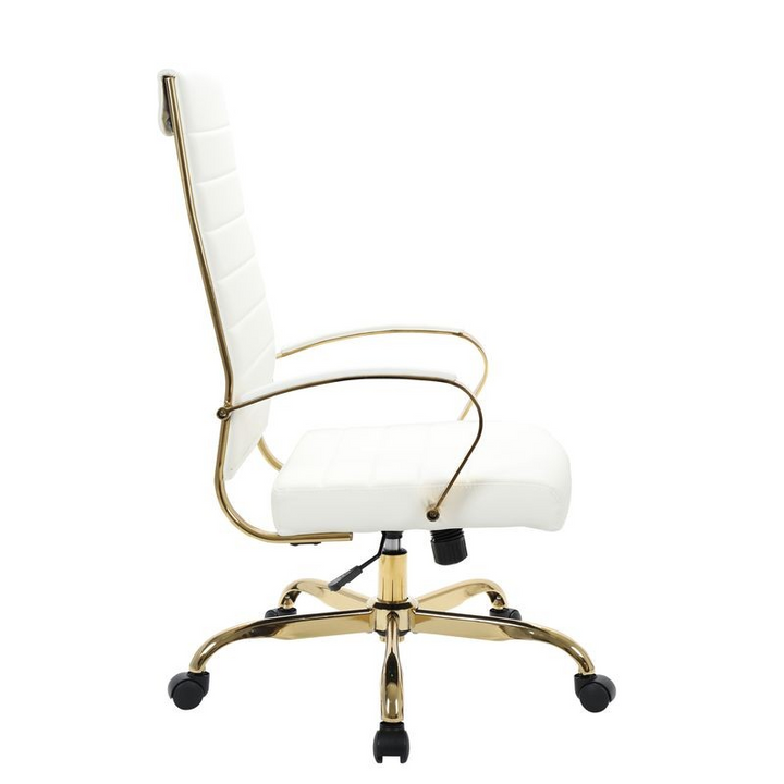 LeisureMod Benmar High-Back Leather Office Chair with Gold Frame White Side View.