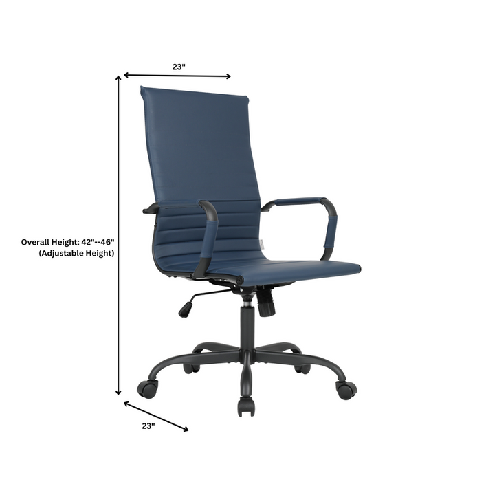 Blue office chair with dimensions on a white background.