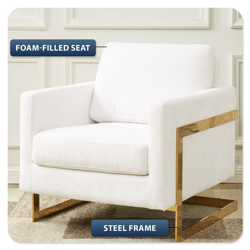 LeisureMod Lincoln Boucle Fabric Accent Armchair with Gold Stainless Steel Frame and Removable Back Cushion in White Photo