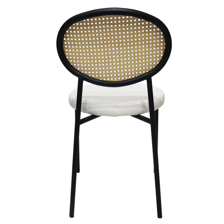 LeisureMod Euston Modern Wicker Dining Chair with Black Frame and Leather Seat in White Back View.