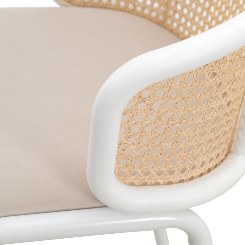LeisureMod Ervilla Mid-Century Modern Wicker Bar Stool with Fabric Seat and White Powder Coated Steel Frame for Kitchen and Dining Room in Beige Zoomed In.