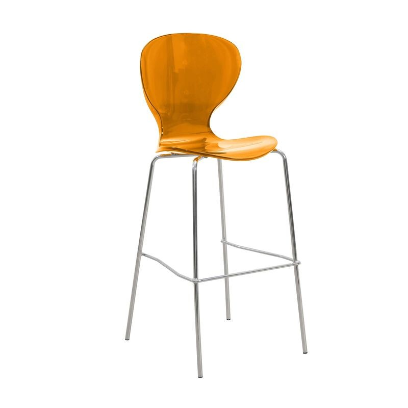 LeisureMod Oyster Acrylic Barstool with Steel Frame in Chrome Finish in Transparent Orange
