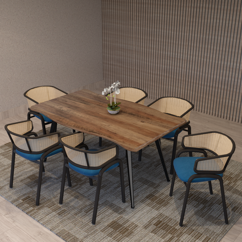 Leisuremod Ervilla Modern Dining Chair with Stainless Steel Legs Velvet Seat and Wicker Back Navy Blue at Table.
