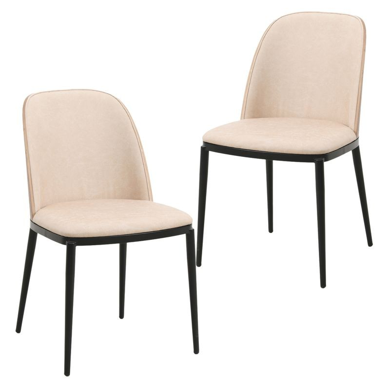 LeisureMod Tule Mid-Century Modern Dining Side Chair with Leather Seat and Steel Frame Set of 2 Walnut/Light Brown