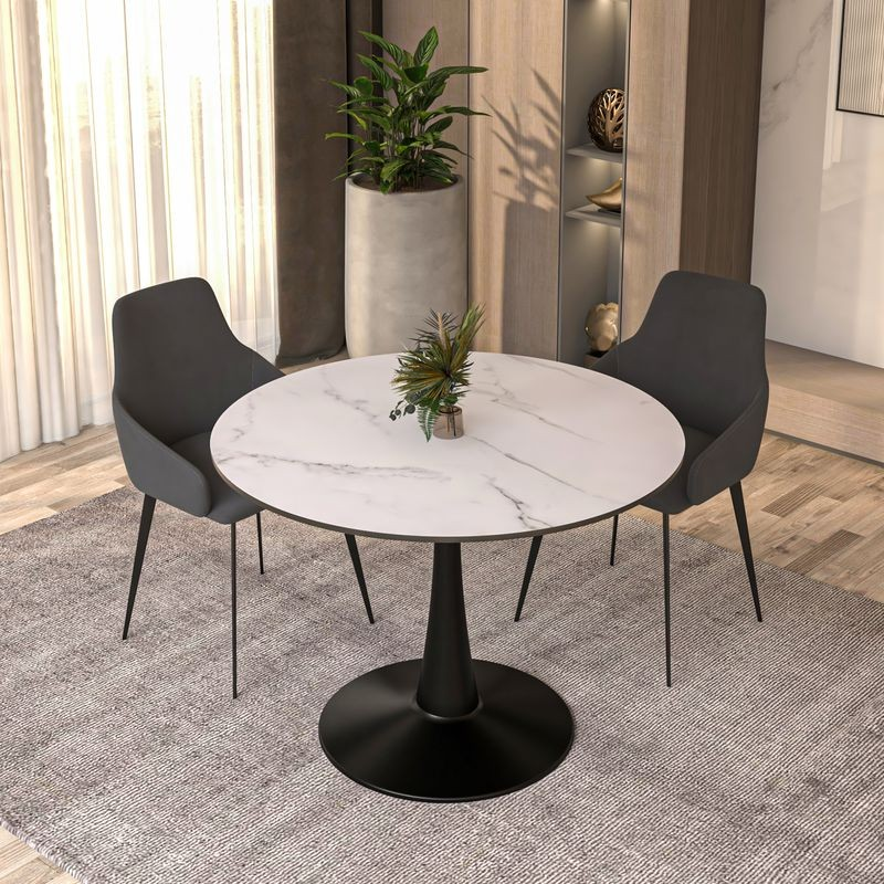 Leisuremod Bristol 40" round Dining Table Black Base with Marbled MDF Top White with Chairs.