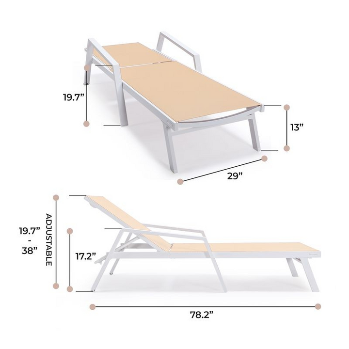LeisureMod Marlin Patio Chaise Lounge Chair with Armrests in White Aluminum Frame Light Brown Dimensions.