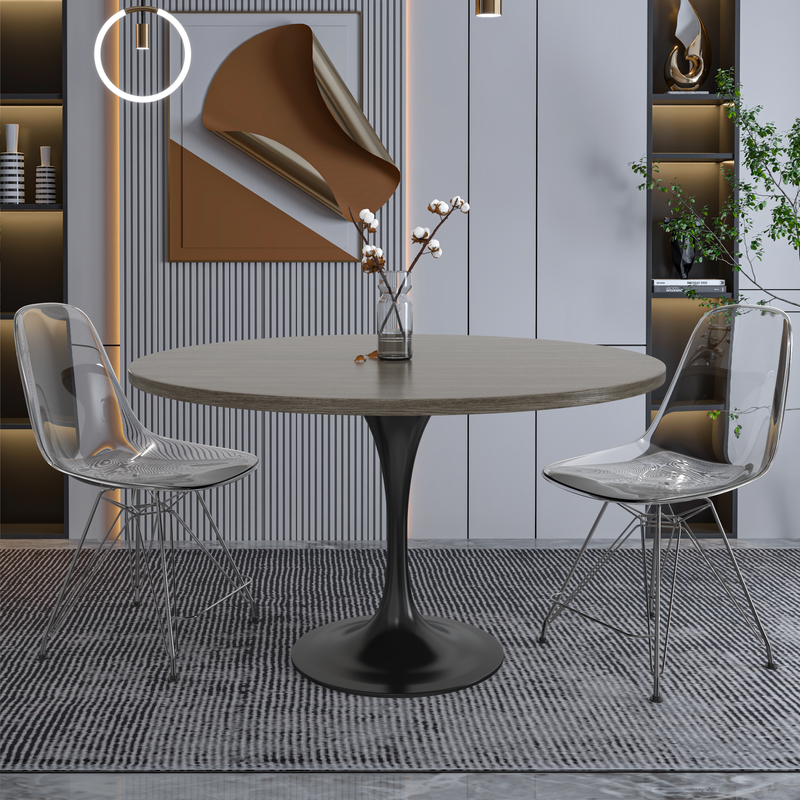 LeisureMod Verve Collection 48 Round Dining Table, Black Base with Dark Maple MDF Top in Room.