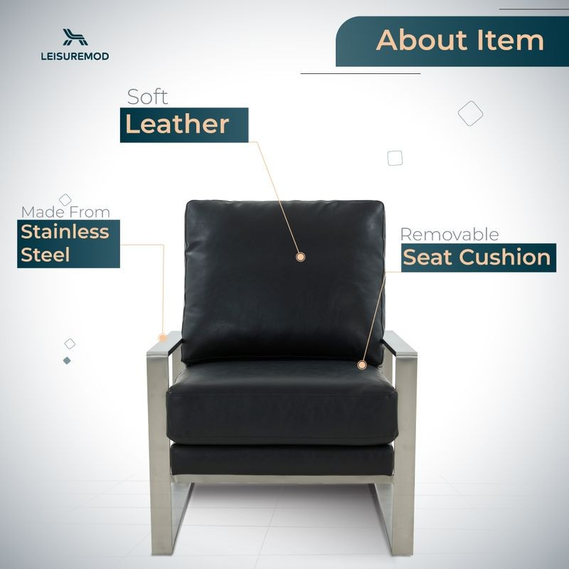 LeisureMod Jefferson Leather Modern Design Accent Armchair with Elegant Silver Frame Black Description.