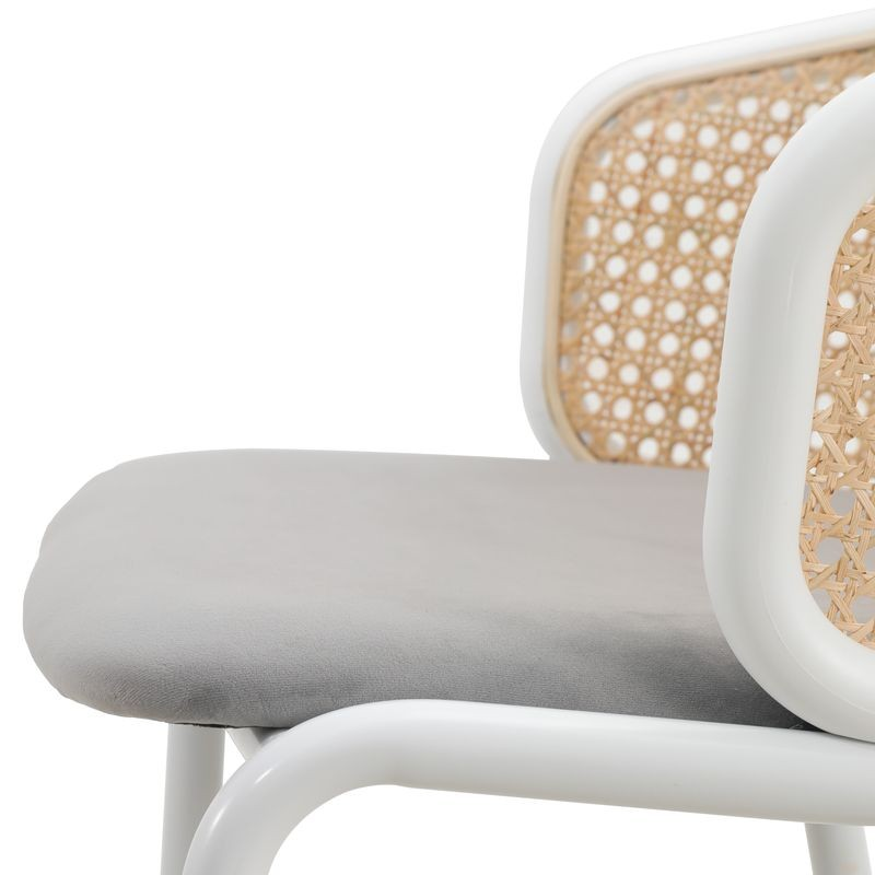 LeisureMod Ervilla Mid-Century Modern Wicker Bar Stool with Fabric Seat and White Powder Coated Steel Frame for Kitchen and Dining Room in Grey Closeup.