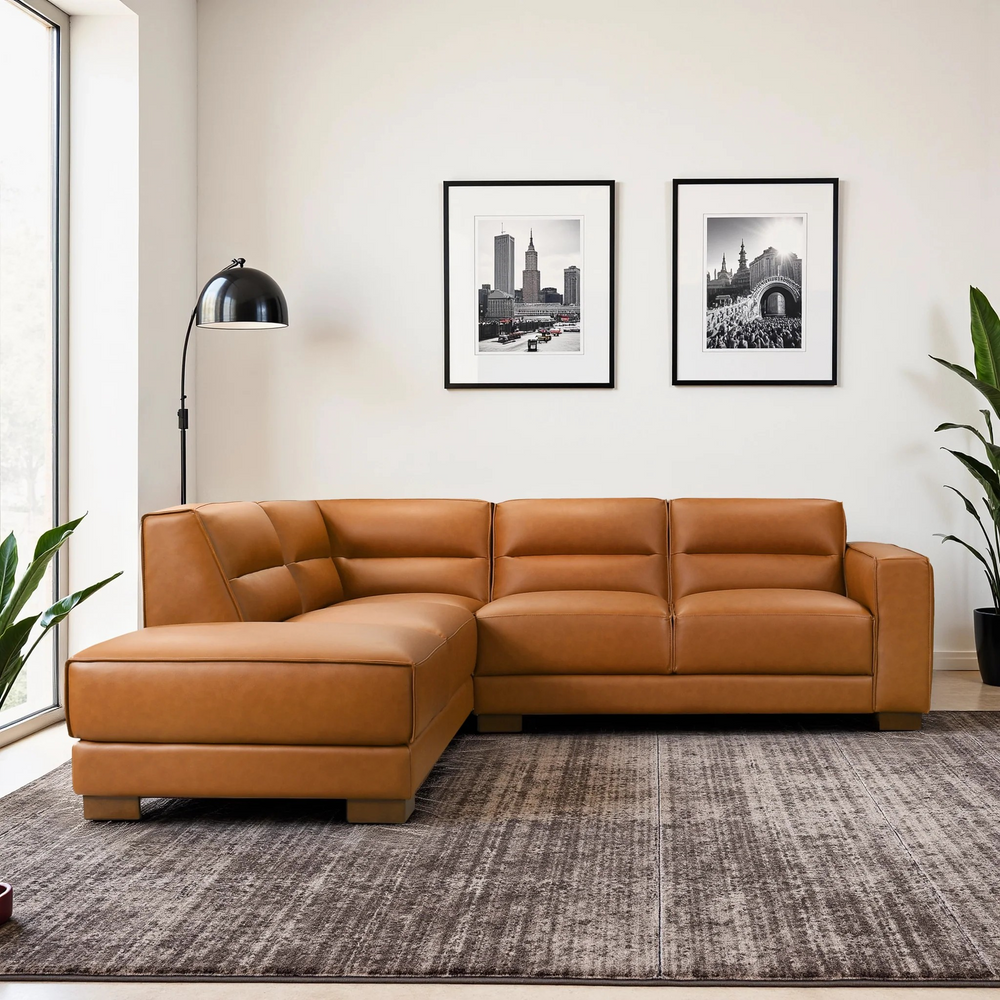 Muncie L-Shaped Sofa with Plush Cushions and Walnut Wood Legs Front View.