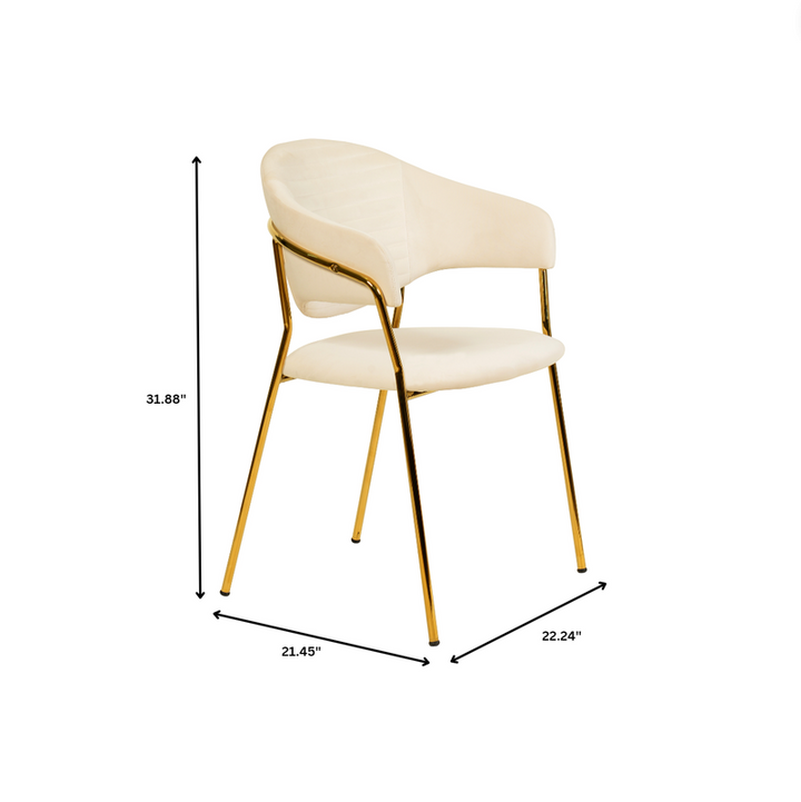 Beige chair with gold legs and dimensions displayed on a white background.
