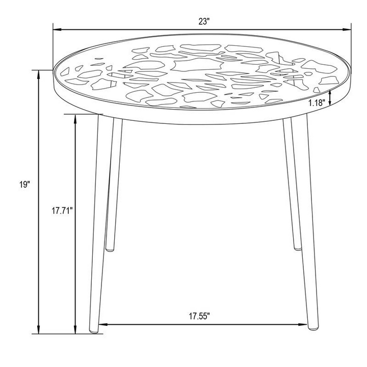 Technical drawing of a round metal table with dimensions.