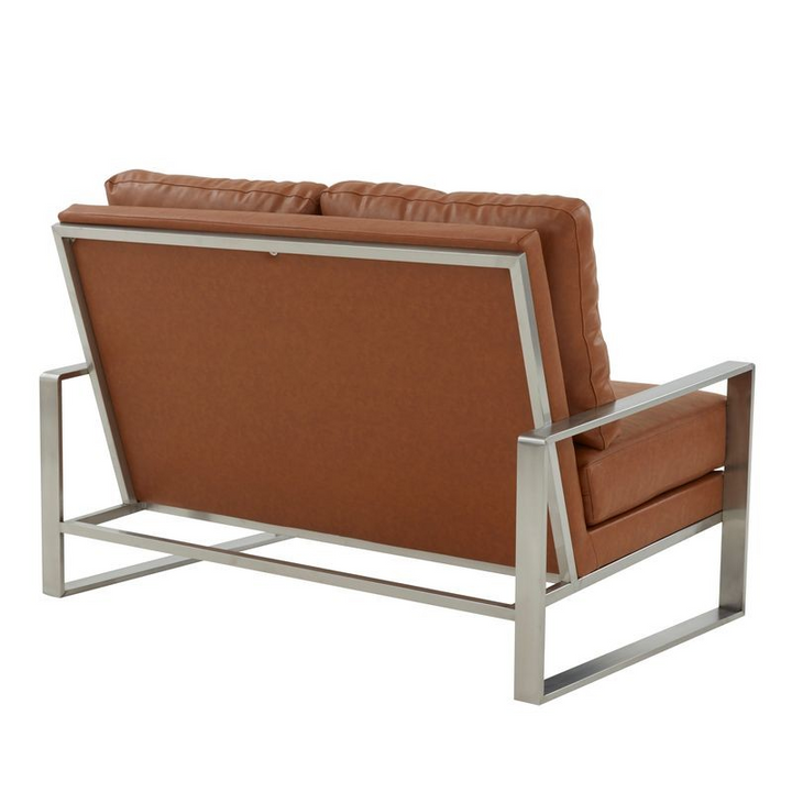 Leisuremod Jefferson Contemporary Modern Faux Leather Loveseat with Silver Frame Cognac Tan Back View.