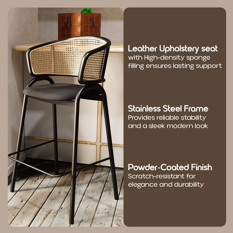 LeisureMod Ervilla Wicker Bar Stool with Fabric Seat and Black Steel Frame in Black Leather Description.