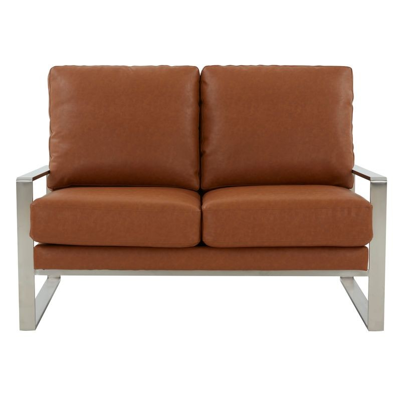 Leisuremod Jefferson Contemporary Modern Faux Leather Loveseat with Silver Frame Cognac Tan Front View.