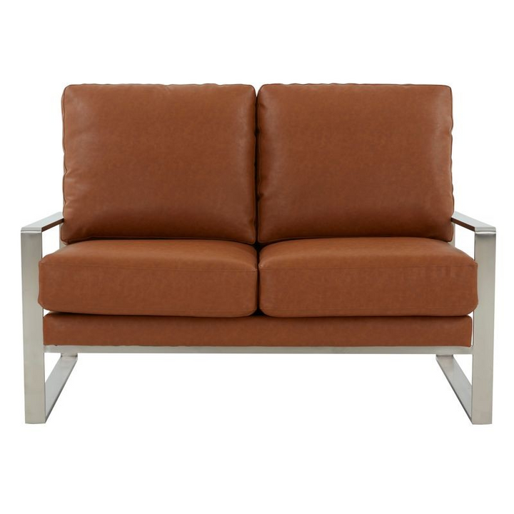 Leisuremod Jefferson Contemporary Modern Faux Leather Loveseat with Silver Frame Cognac Tan Front View.