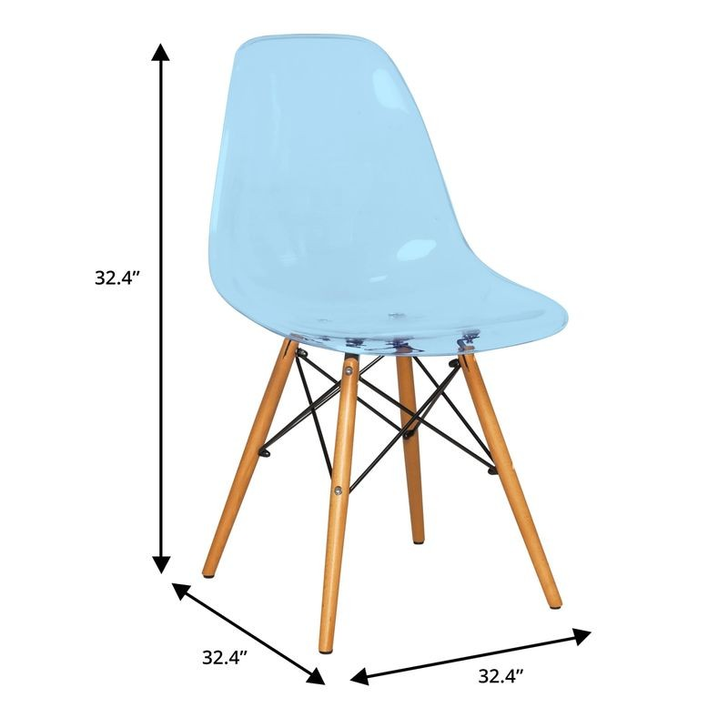 LeisureMod Dover 3-Piece Dining Set with Round Black MDF Top Bistro Table and 2 Plastic Chairs in Blue Chair Dimensions.