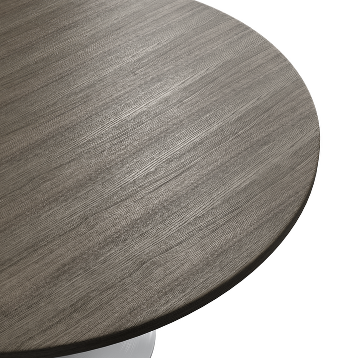 LeisureMod Verve Collection 48 Round Dining Table, White Base with Dark Maple MDF Top View.