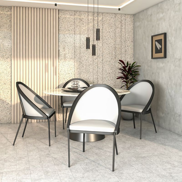 LeisureMod Urbane Collection Modern Dining Chair in White at Table.