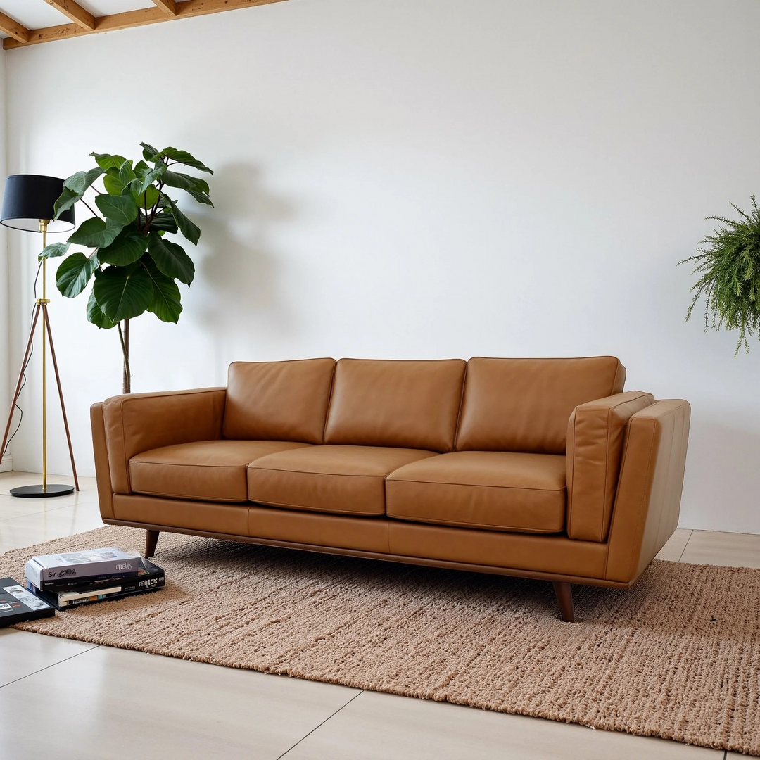 Chase Mid Century Modern Genuine Leather Sofa in Room.