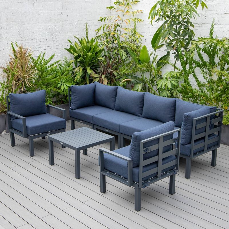 LeisureMod Chelsea 7-Piece Patio Sectional and Coffee Table Set Black Aluminum with Cushions Blue