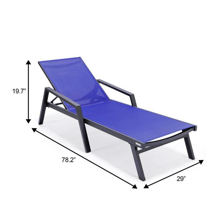 LeisureMod Marlin Patio Chaise Lounge Chair with Armrests in Black Aluminum Frame Navy Blue Dimensions.