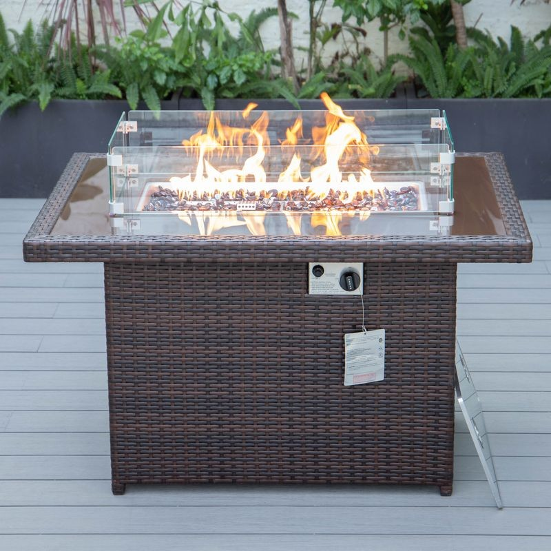 LeisureMod Mace Wicker Patio Modern Propane Fire Pit Table Dark Brown