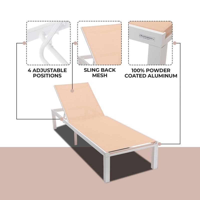 LeisureMod Marlin Patio Chaise Lounge Chair with White Aluminum Frame Light Brown Details.