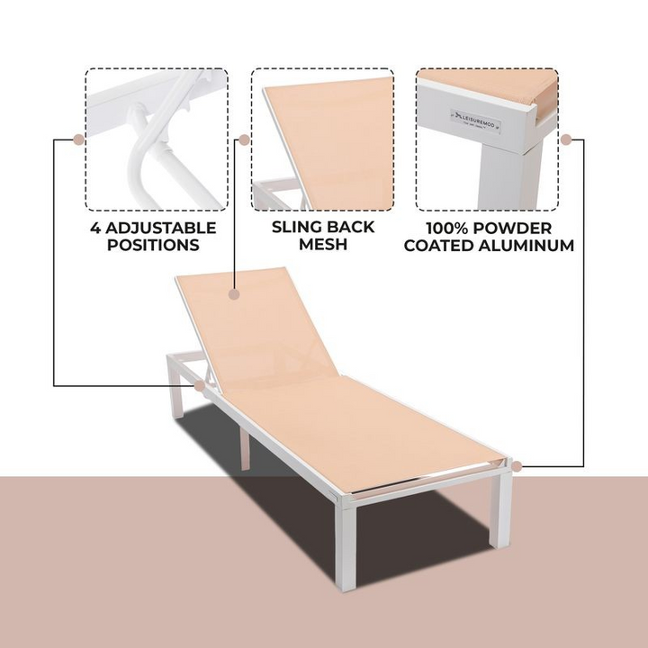 LeisureMod Marlin Patio Chaise Lounge Chair with White Aluminum Frame Light Brown Details.