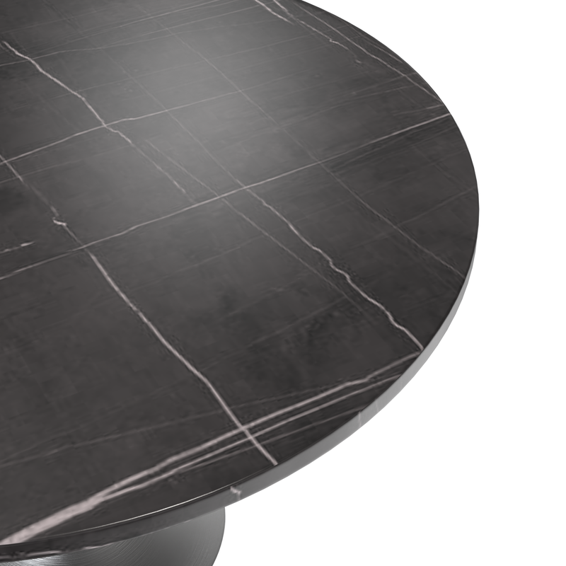 LeisureMod Verve Collection 48 Round Dining Table, Brushed Chrome Base with Sintered Stone Black Top Closeup.