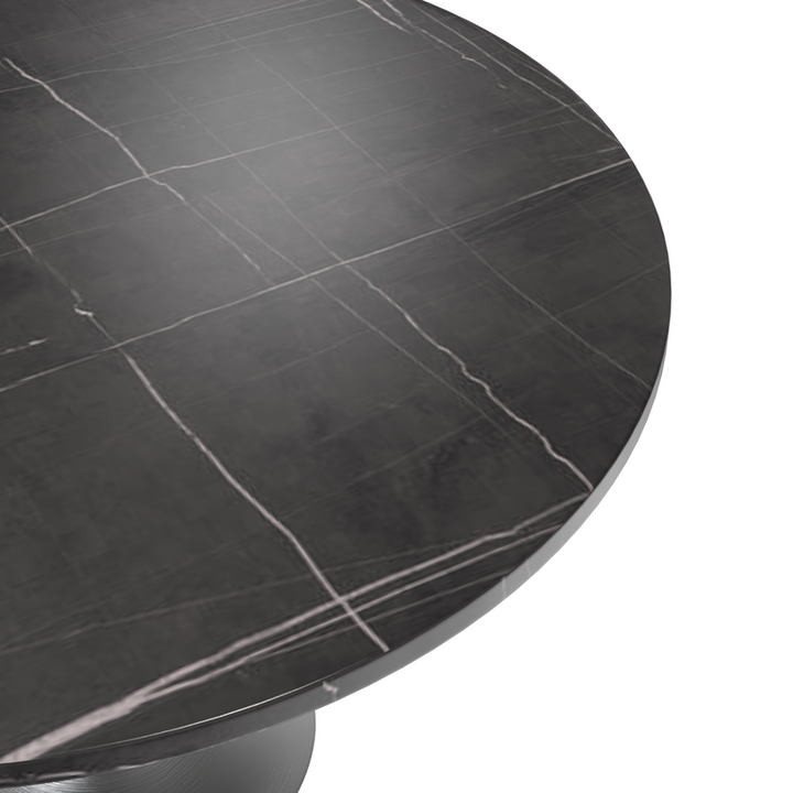 LeisureMod Verve Collection 48 Round Dining Table, Brushed Chrome Base with Sintered Stone Black Top Closeup.