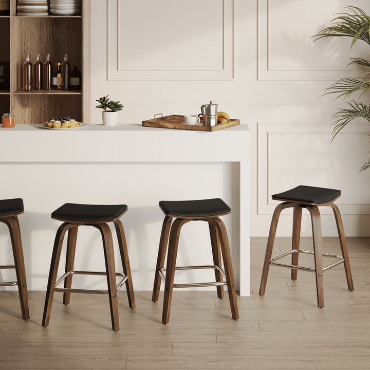 LeisureMod Wooden Counter Stool Square Seat Pelya Collection Modern Style Walnut Color in Black at Bar.